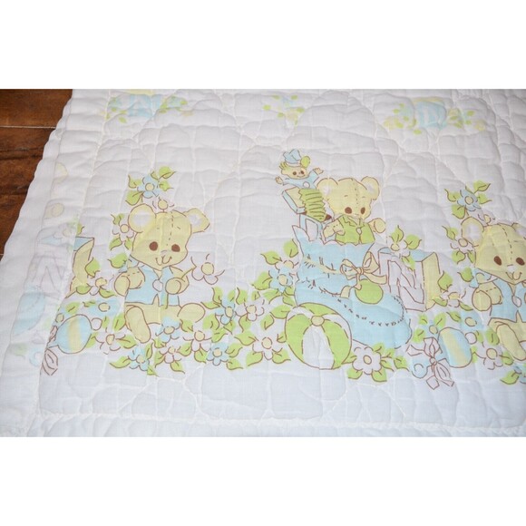 Vtg Baby Blanket Crib Quilted  42x32 Teddy Bears Satin trim Blocks beach balls - Picture 3 of 11